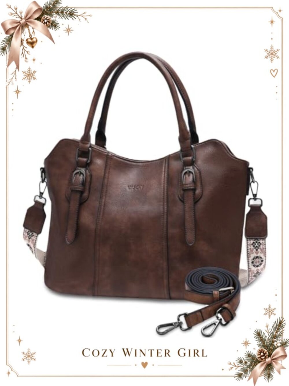 Vegan Leather Hobo Handbag Purse with Crossbody Guitar Strap Set
